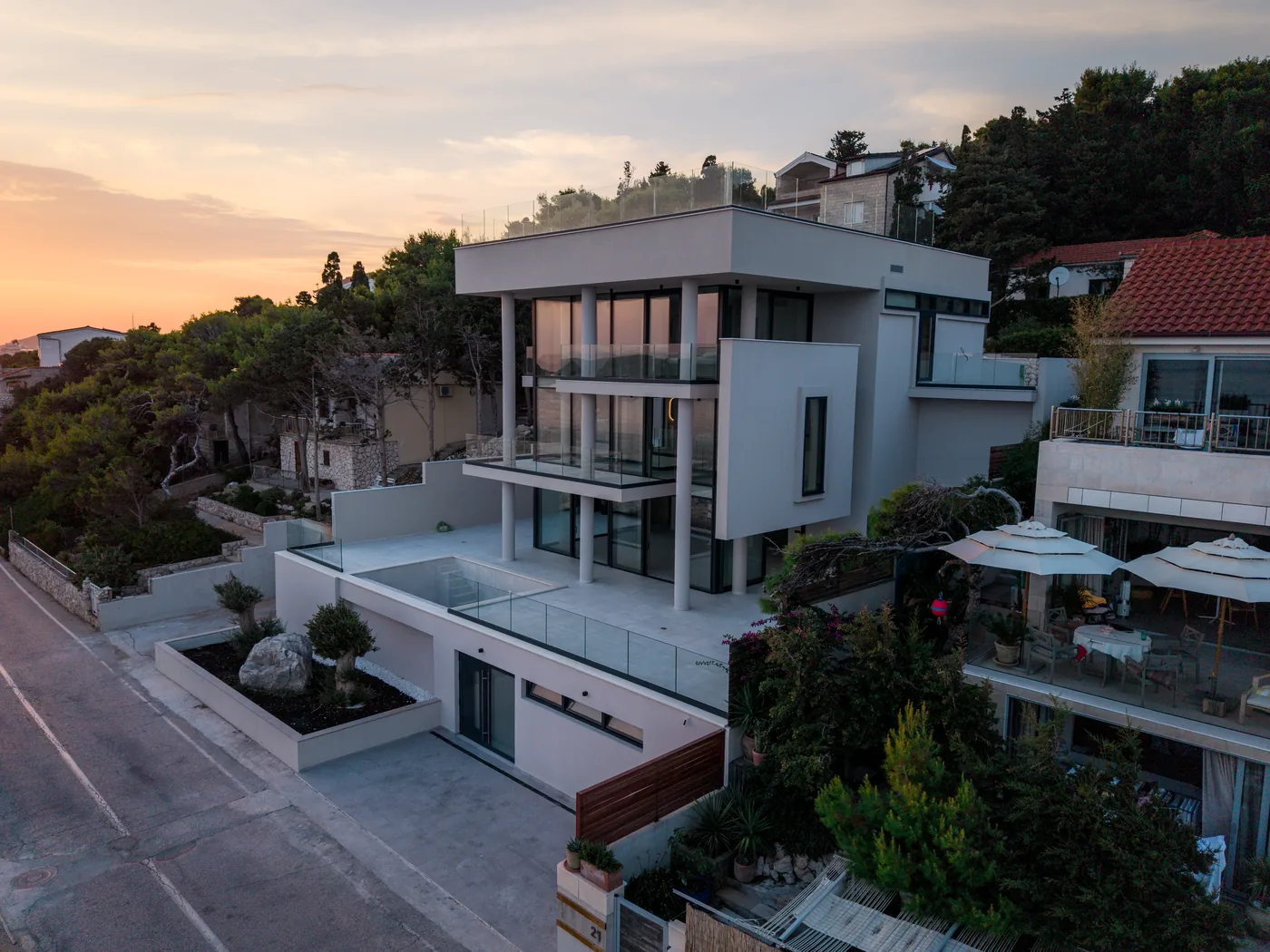 Villa Infinity at sunset on the waterfront of Hvar